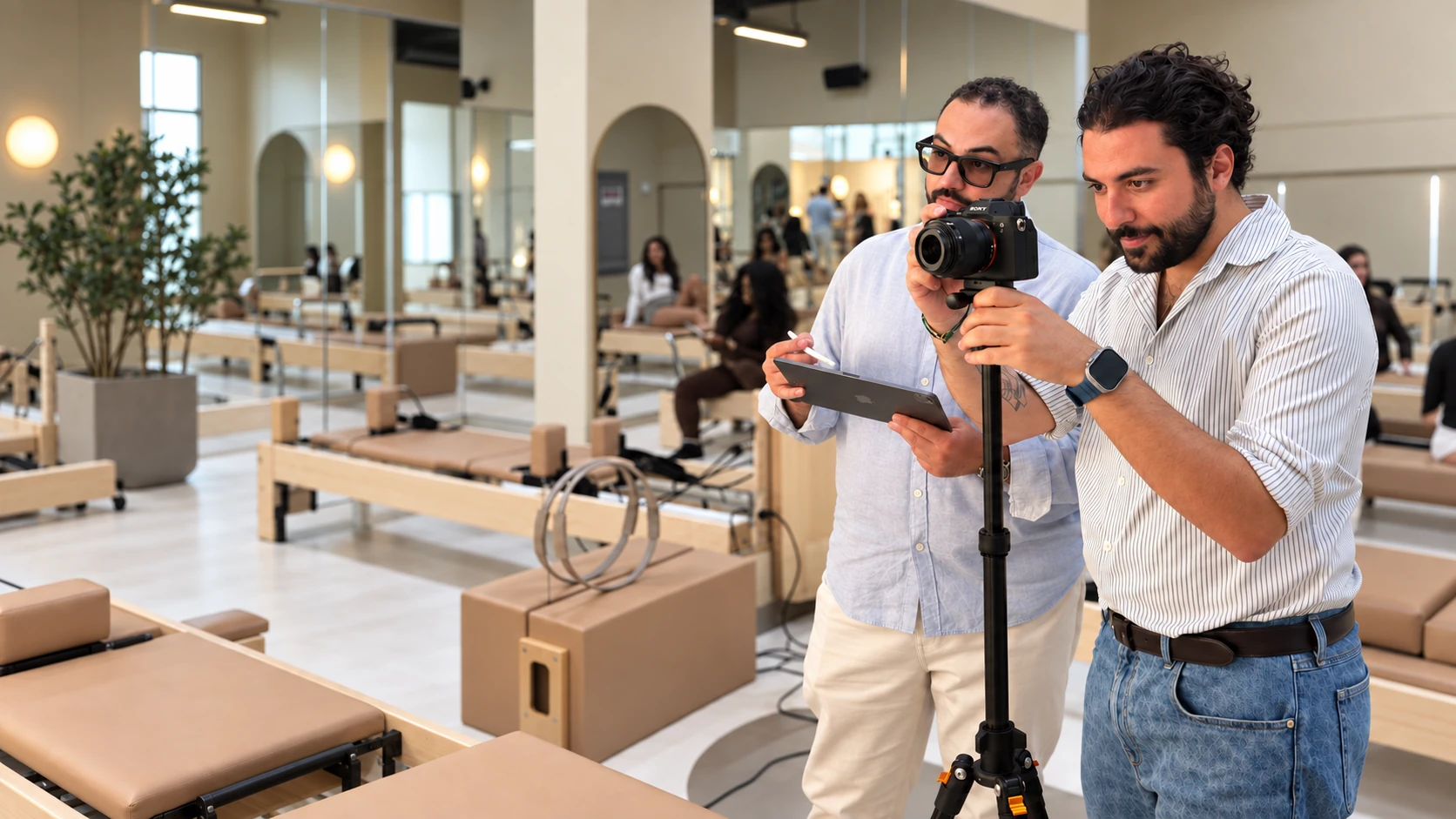 Two WebRise team members filming on location in a Pilates studio